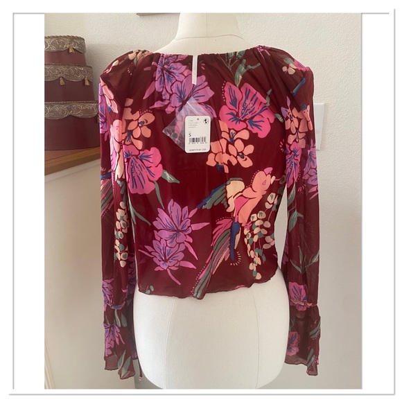 Free People Paradise Floral Print Tie Ruched V-Neck Long Bell Sleeve Top - Picture 6 of 7